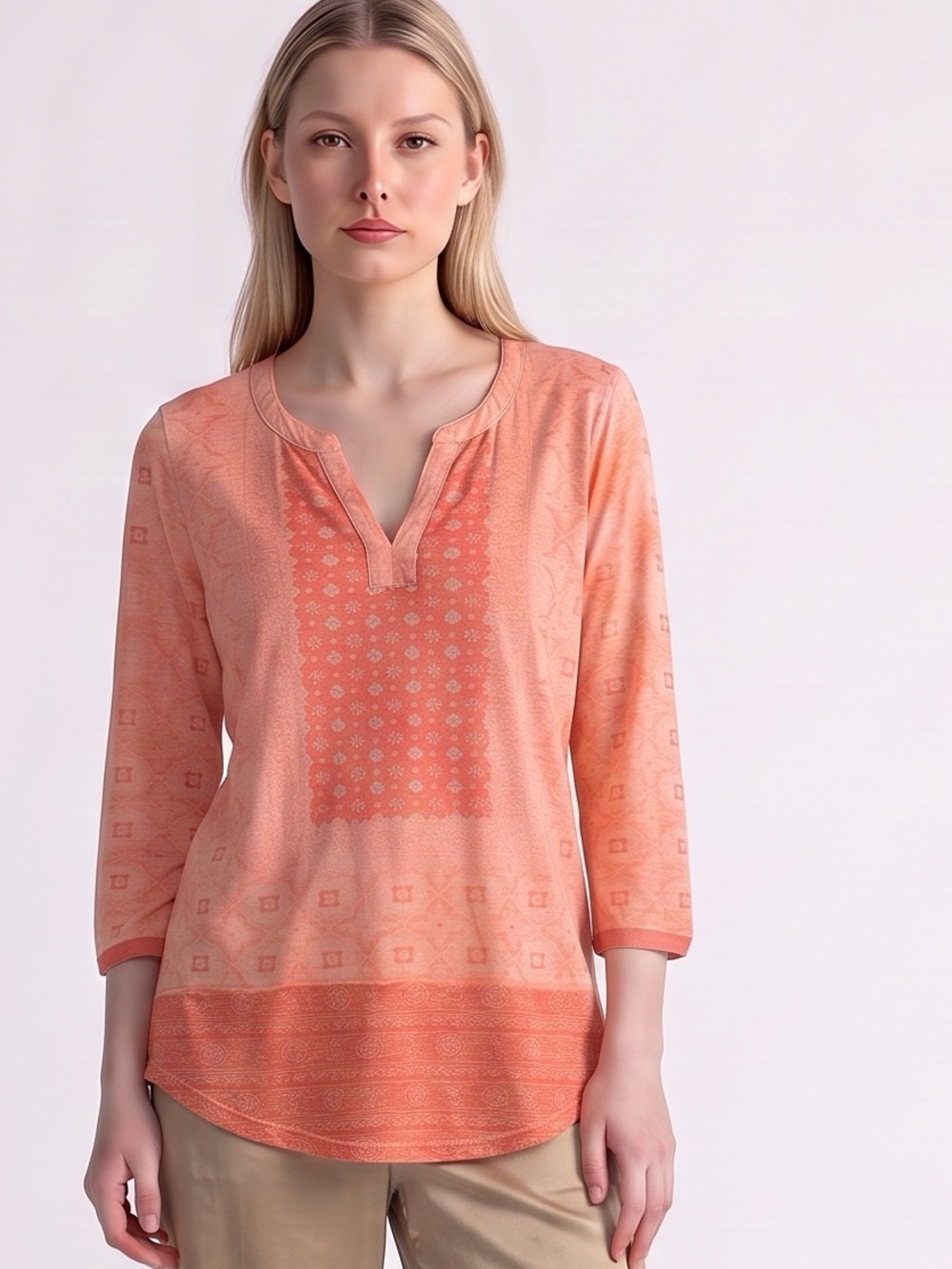 New Lucky Brand Boho Chic Size Medium 3/4 Sleeves Coral Orange Tunic Top Blouse